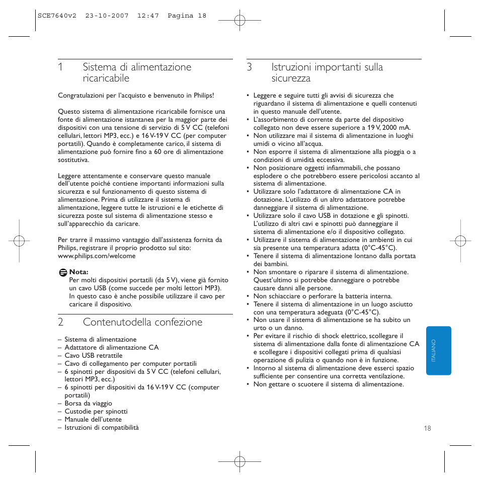 1sistema di alimentazione ricaricabile, 2contenutodella confezione, 3istruzioni importanti sulla sicurezza | Philips SCE7640 User Manual | Page 18 / 61