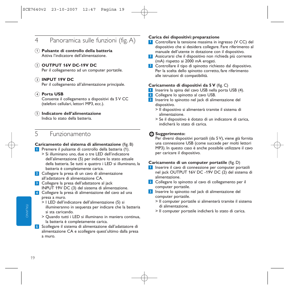 4panoramica sulle funzioni (fig. a), 5funzionamento | Philips SCE7640 User Manual | Page 19 / 61