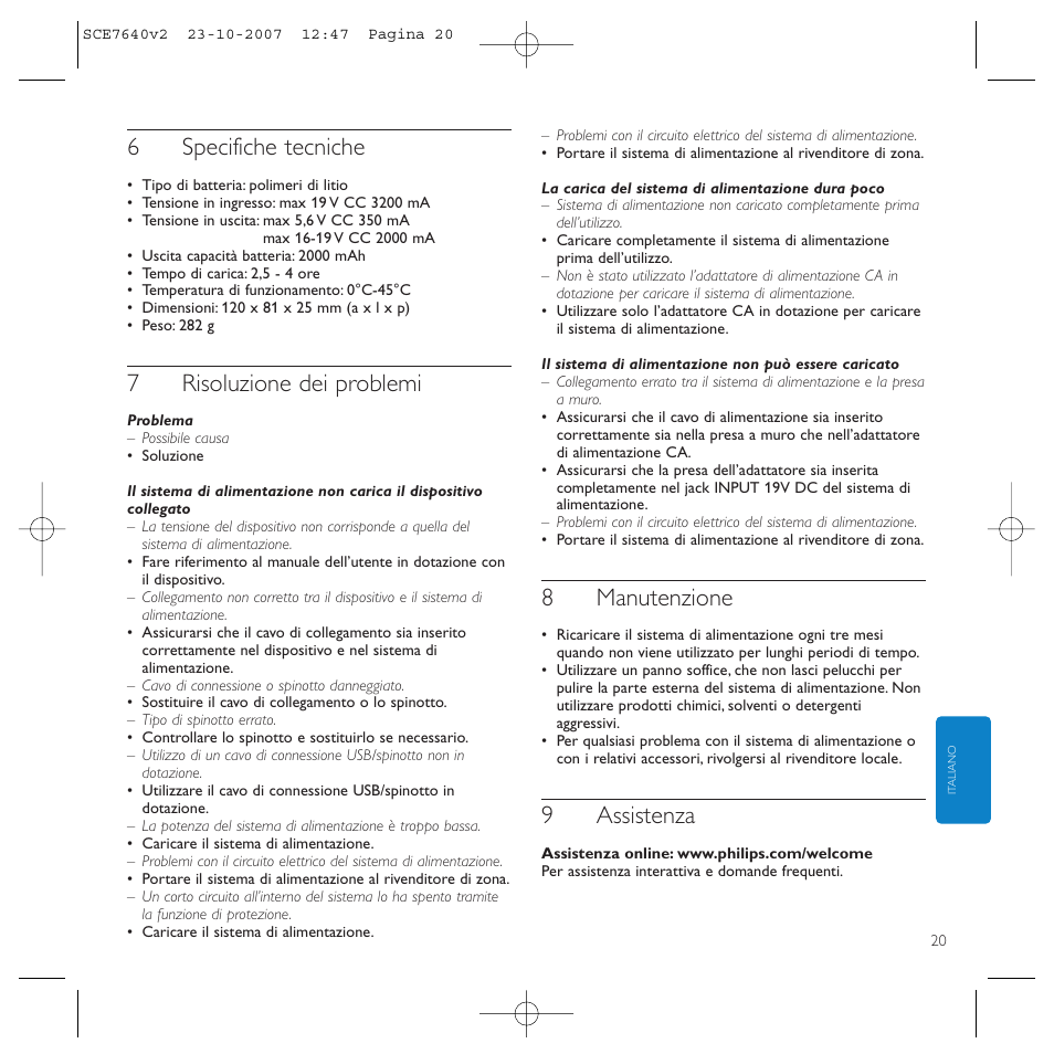 6specifiche tecniche, 7risoluzione dei problemi, 8manutenzione | 9assistenza | Philips SCE7640 User Manual | Page 20 / 61