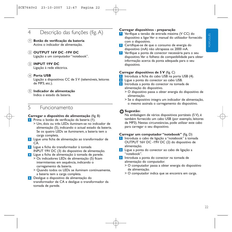 4descrição das funções (fig. a), 5funcionamento | Philips SCE7640 User Manual | Page 22 / 61