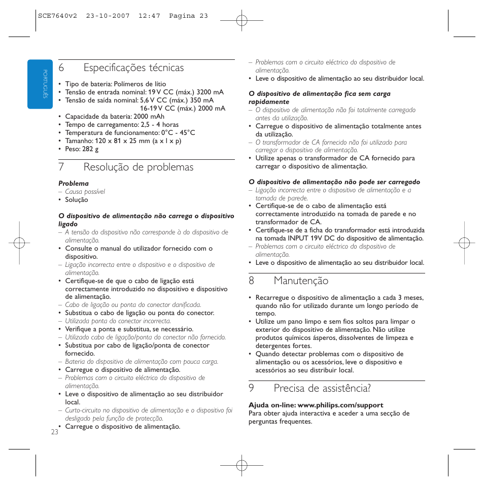 6especificações técnicas, 7resolução de problemas, 8manutenção | 9precisa de assistência | Philips SCE7640 User Manual | Page 23 / 61