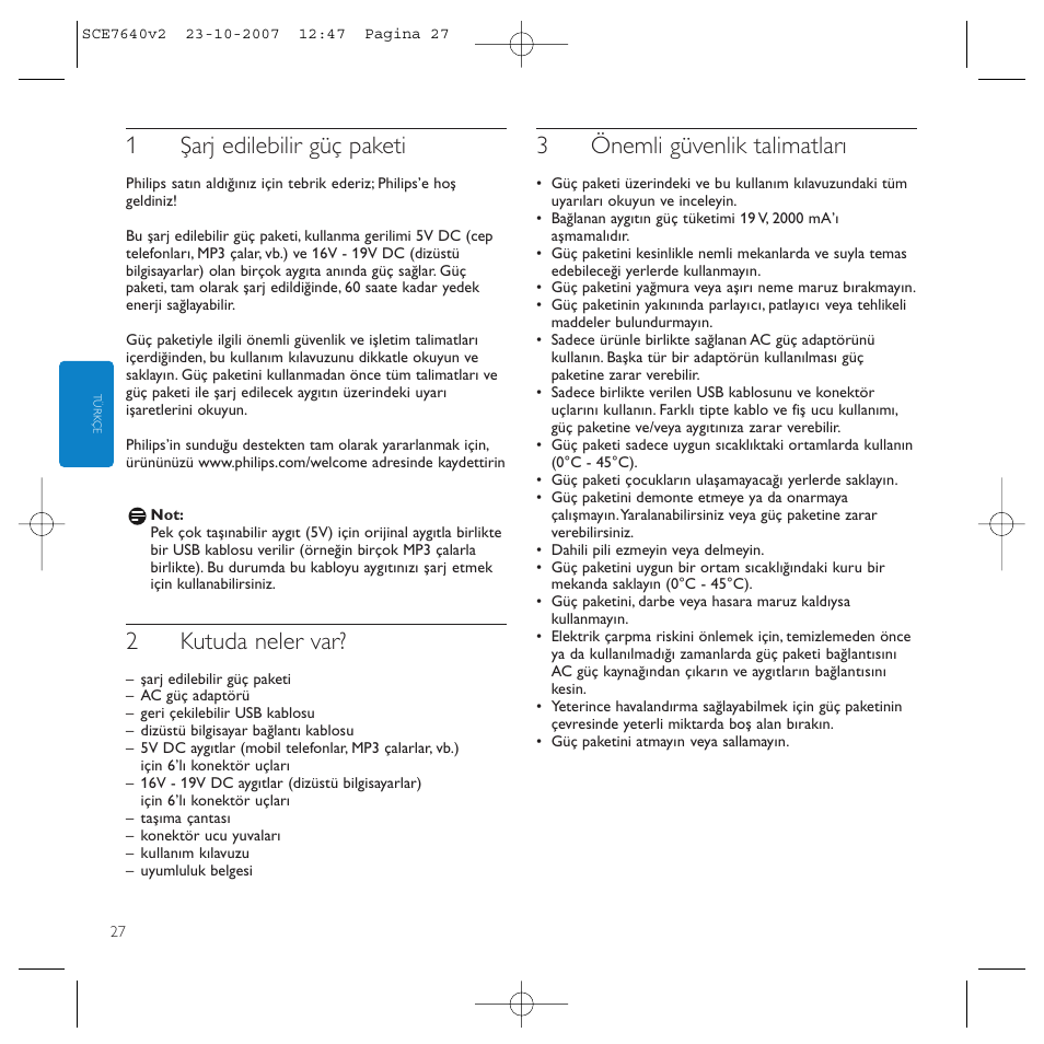 1şarj edilebilir güç paketi, 2kutuda neler var, 3önemli güvenlik talimatları | Philips SCE7640 User Manual | Page 27 / 61