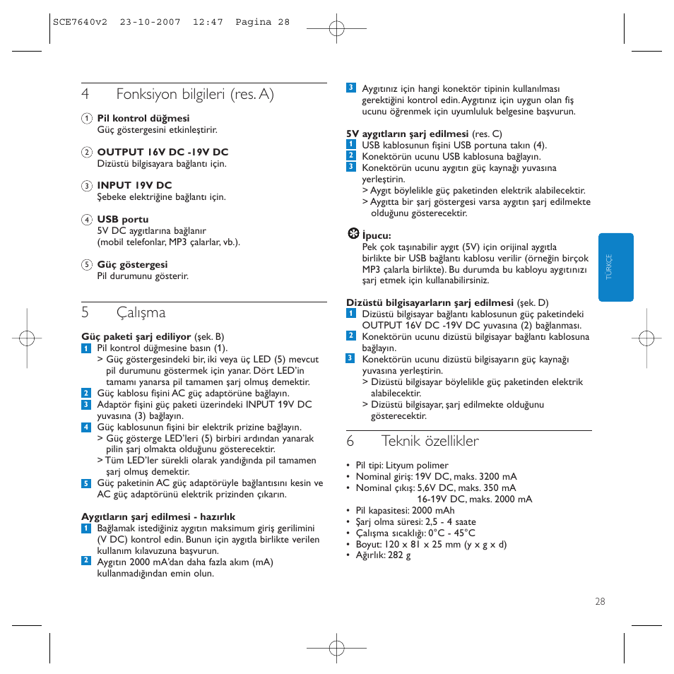 4fonksiyon bilgileri (res. a), 5çalışma, 6teknik özellikler | Philips SCE7640 User Manual | Page 28 / 61