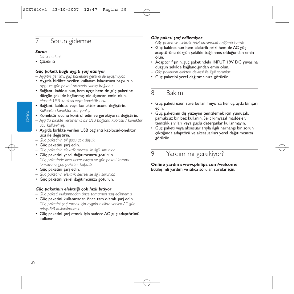 7sorun giderme, 8bakım, 9yardım mı gerekiyor | Philips SCE7640 User Manual | Page 29 / 61