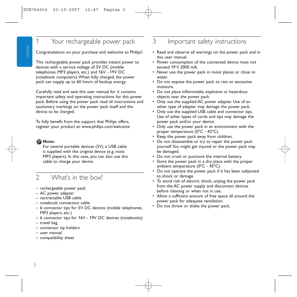 1your rechargeable power pack, 2what’s in the box, 3important safety instructions | Philips SCE7640 User Manual | Page 3 / 61