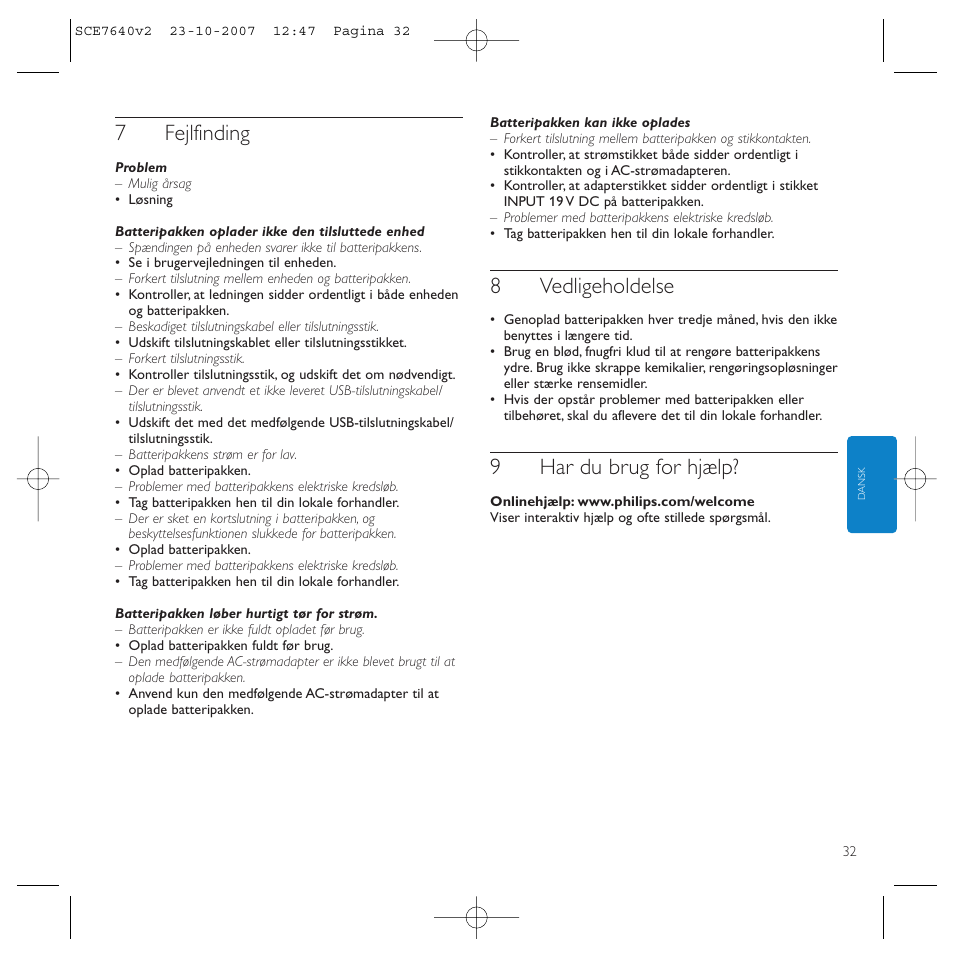 7fejlfinding, 8vedligeholdelse, 9har du brug for hjælp | Philips SCE7640 User Manual | Page 32 / 61