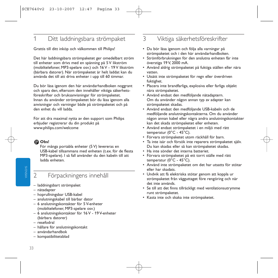 1ditt laddningsbara strömpaket, 2förpackningens innehåll, 3viktiga säkerhetsföreskrifter | Philips SCE7640 User Manual | Page 33 / 61
