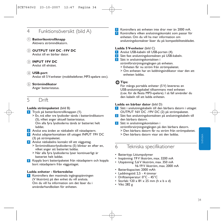 4funktionsöversikt (bild a), 5drift, 6tekniska specifikationer | Philips SCE7640 User Manual | Page 34 / 61