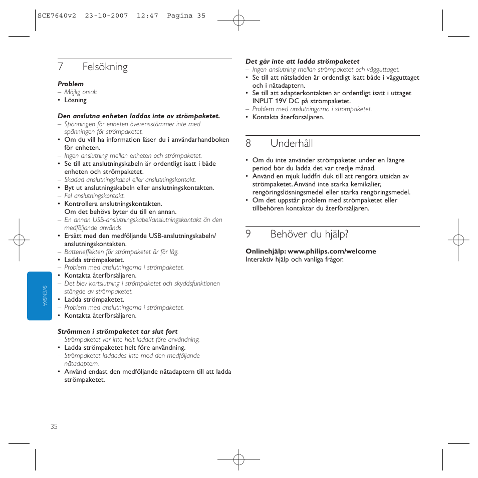 7felsökning, 8underhåll, 9behöver du hjälp | Philips SCE7640 User Manual | Page 35 / 61