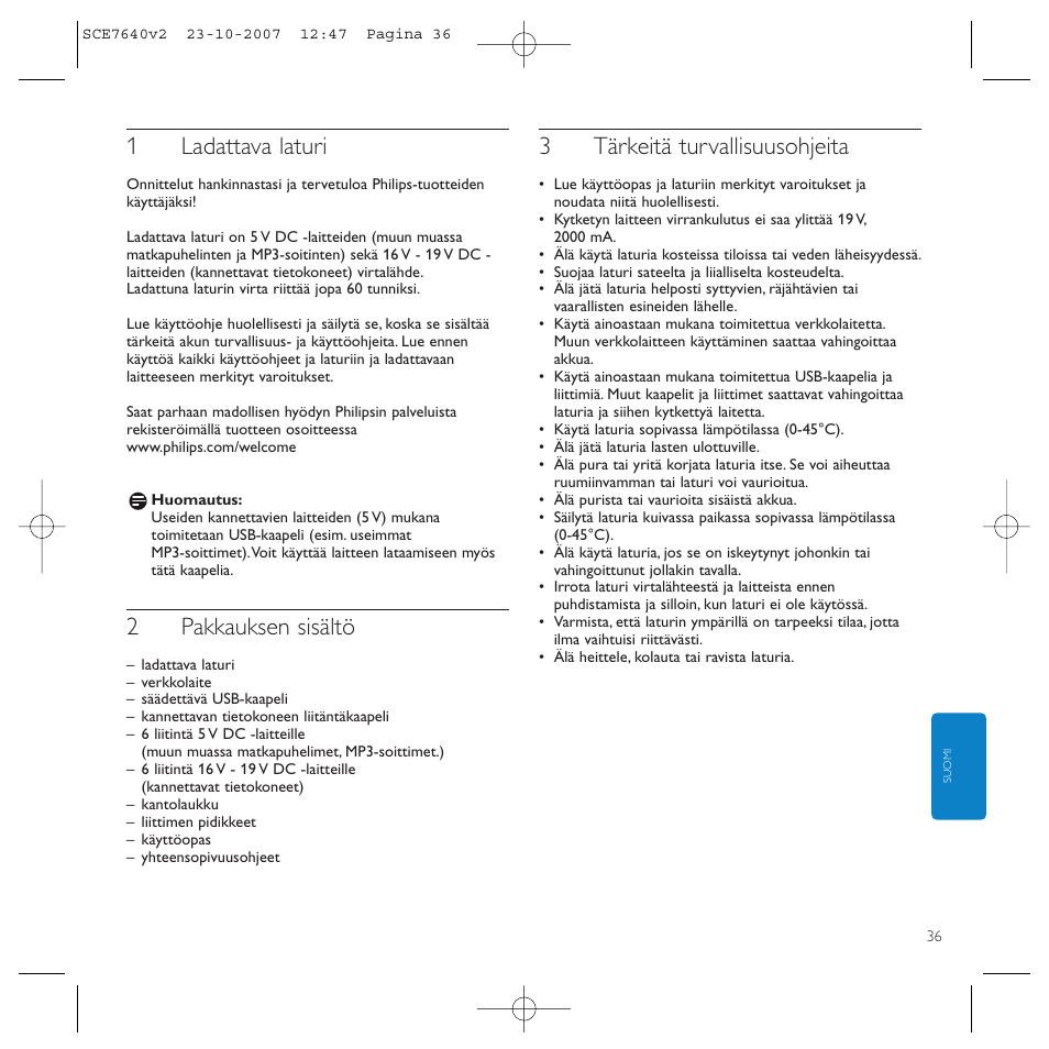 1ladattava laturi, 2pakkauksen sisältö, 3tärkeitä turvallisuusohjeita | Philips SCE7640 User Manual | Page 36 / 61