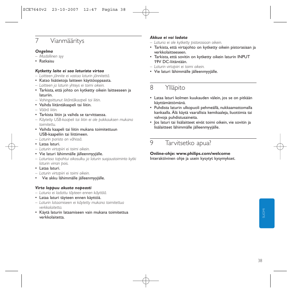 7vianmääritys, 8ylläpito, 9tarvitsetko apua | Philips SCE7640 User Manual | Page 38 / 61