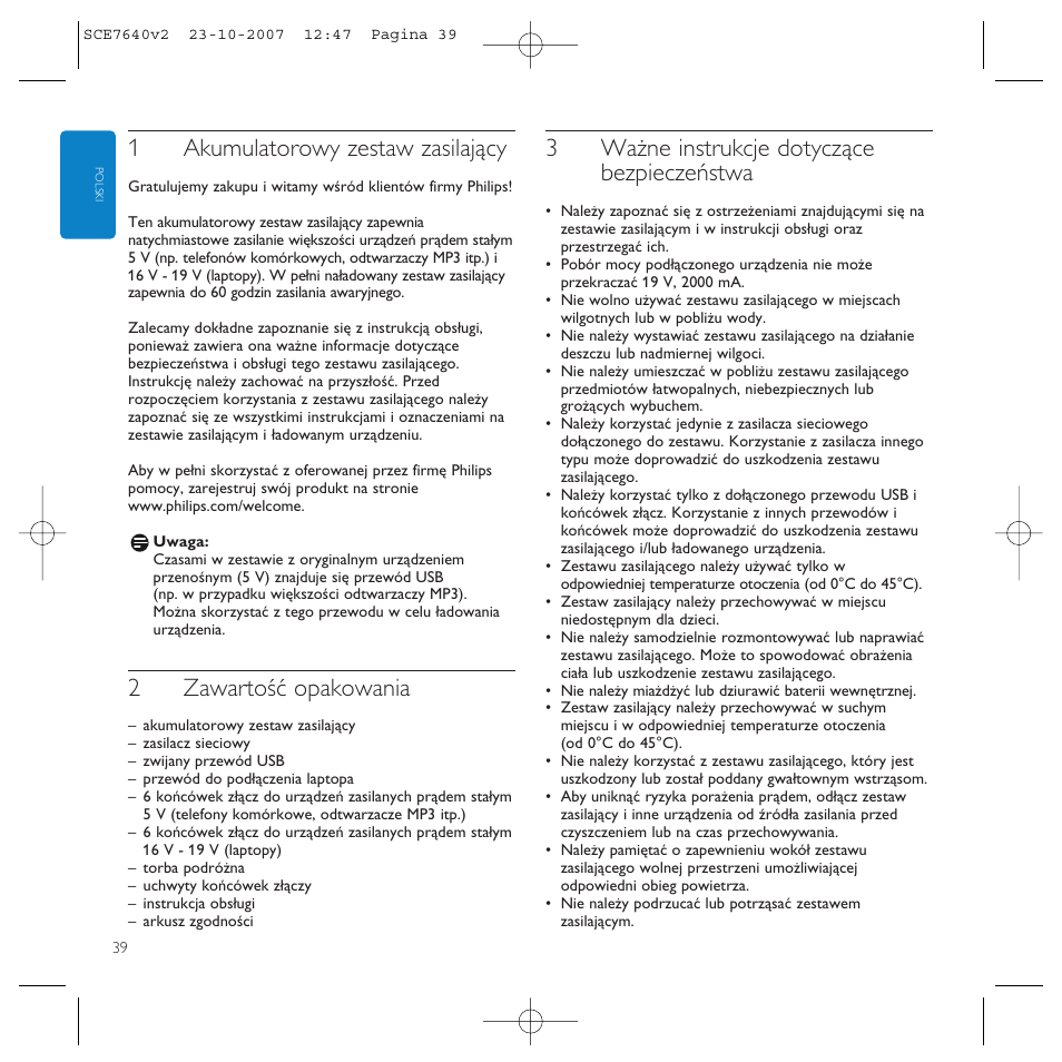 1akumulatorowy zestaw zasilający, 2zawartość opakowania, 3ważne instrukcje dotyczące bezpieczeństwa | Philips SCE7640 User Manual | Page 39 / 61