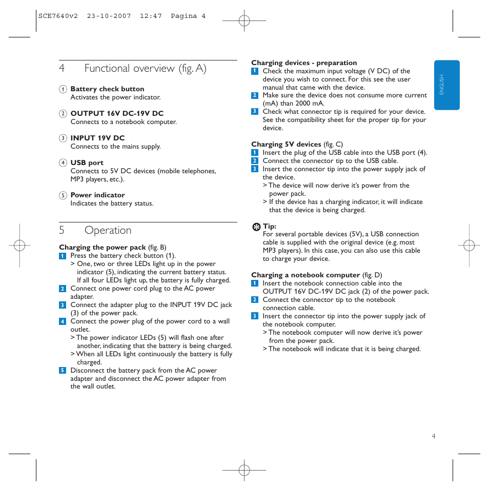 4functional overview (fig. a), 5operation | Philips SCE7640 User Manual | Page 4 / 61