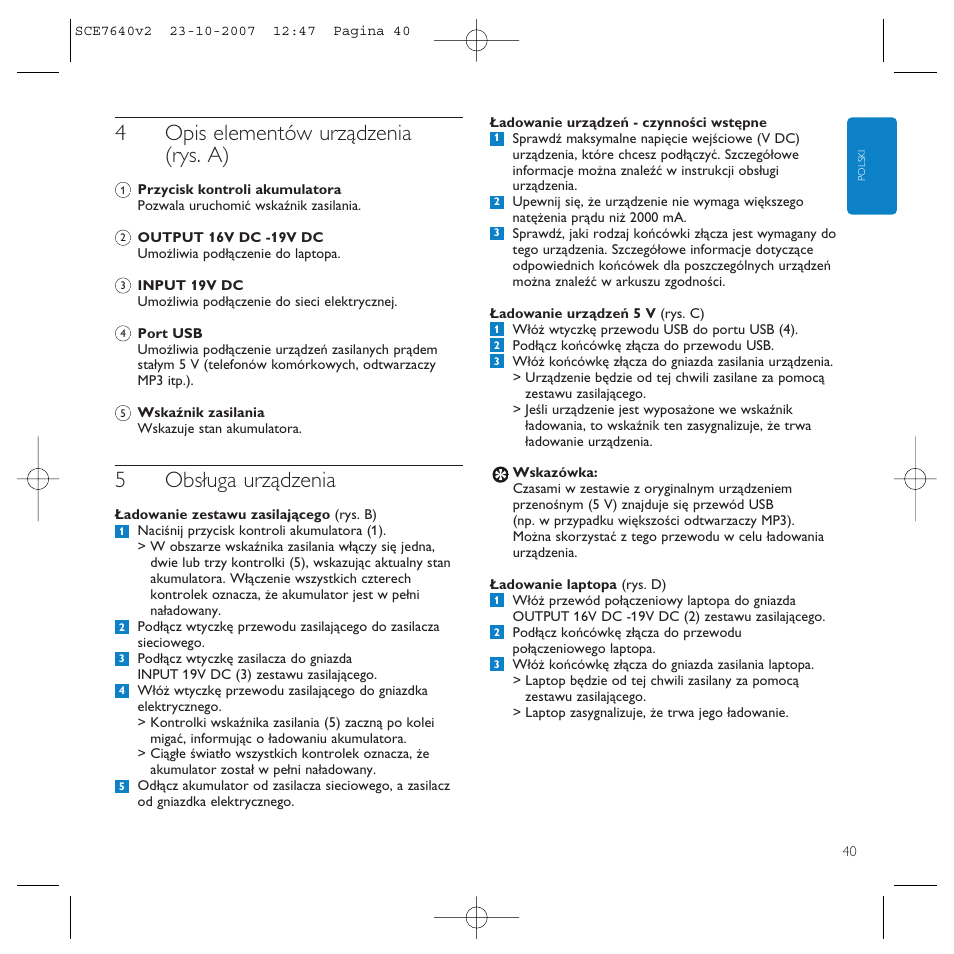 4opis elementów urządzenia (rys. a), 5obsługa urządzenia | Philips SCE7640 User Manual | Page 40 / 61