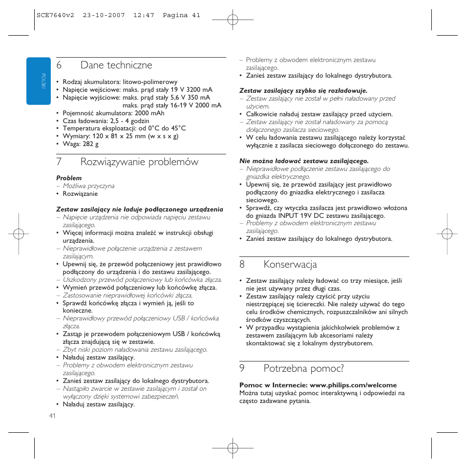 6dane techniczne, 7rozwiązywanie problemów, 8konserwacja | 9potrzebna pomoc | Philips SCE7640 User Manual | Page 41 / 61