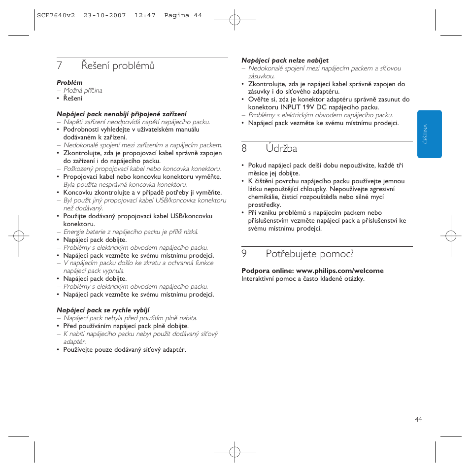 7řešení problémů, 8údržba, 9potřebujete pomoc | Philips SCE7640 User Manual | Page 44 / 61