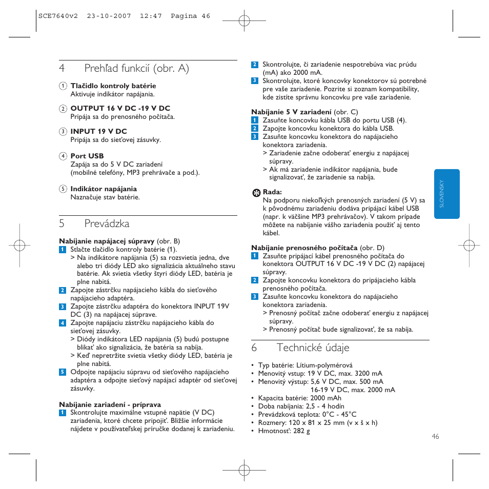 4prehľad funkcií (obr. a), 5prevádzka, 6technické údaje | Philips SCE7640 User Manual | Page 46 / 61