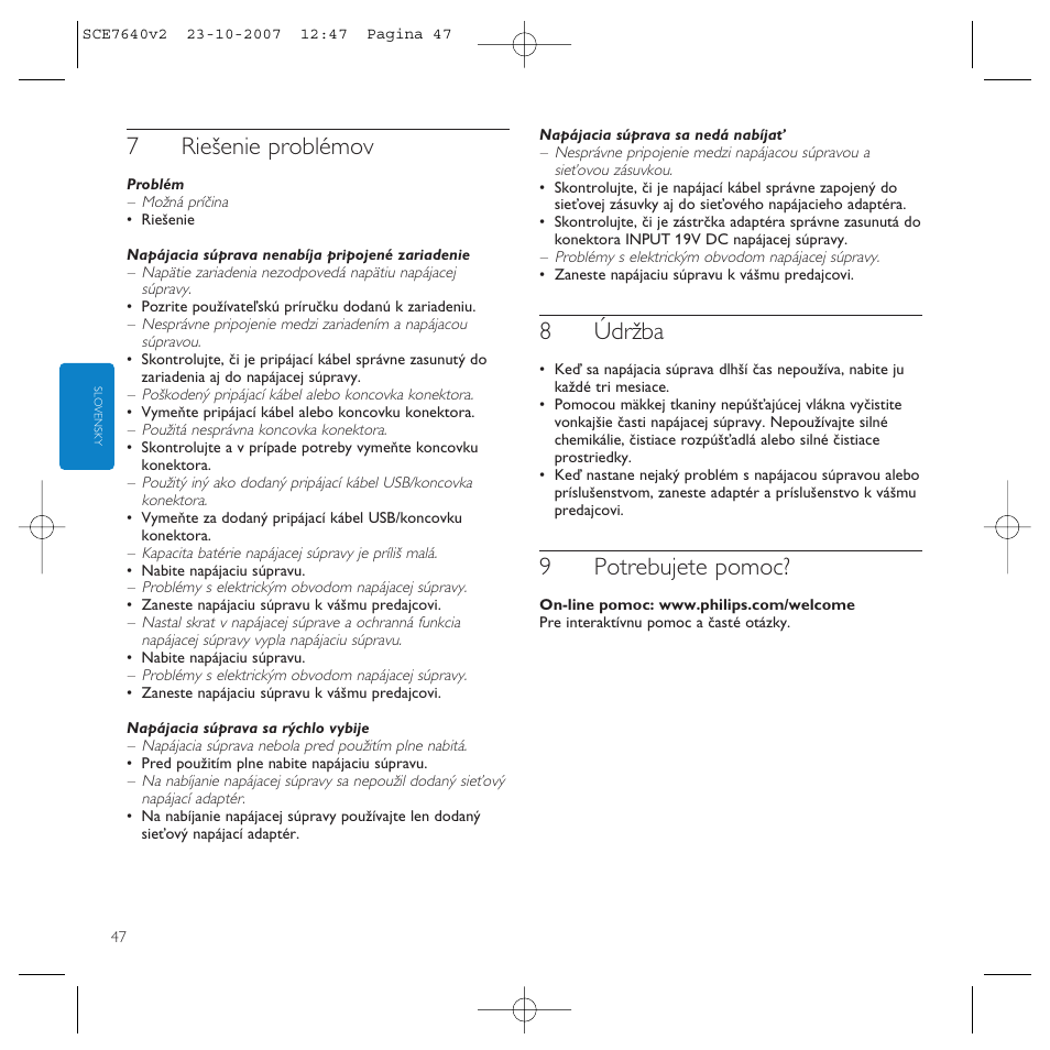 7riešenie problémov, 8údržba, 9potrebujete pomoc | Philips SCE7640 User Manual | Page 47 / 61