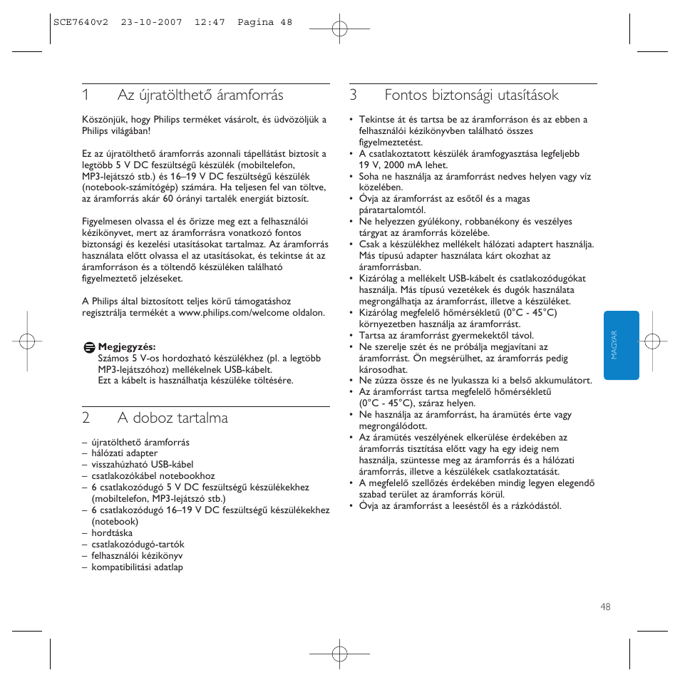 1az újratölthető áramforrás, 2a doboz tartalma, 3fontos biztonsági utasítások | Philips SCE7640 User Manual | Page 48 / 61