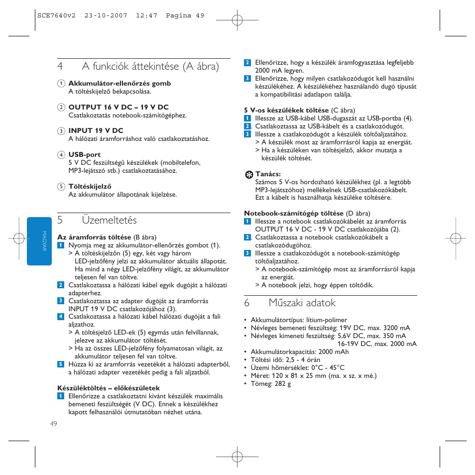 4a funkciók áttekintése (a ábra), 5üzemeltetés, 6műszaki adatok | Philips SCE7640 User Manual | Page 49 / 61