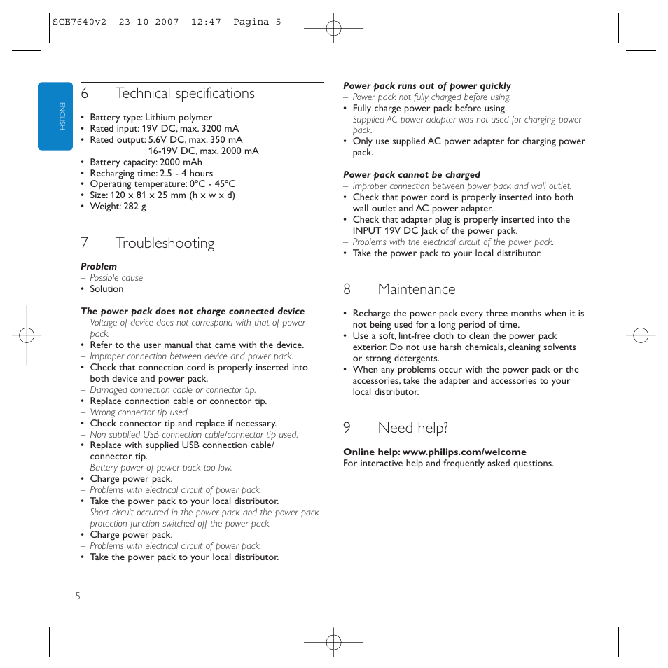 6technical specifications, 7troubleshooting, 8maintenance | 9need help | Philips SCE7640 User Manual | Page 5 / 61