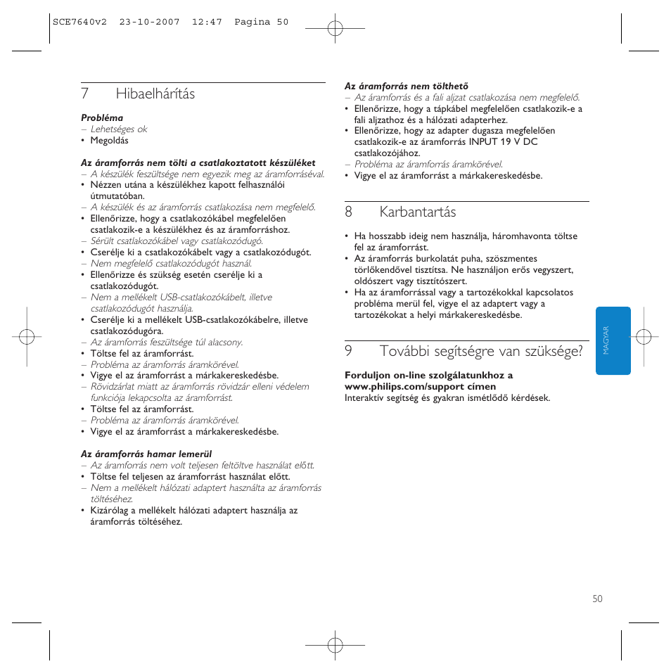 7hibaelhárítás, 8karbantartás, 9további segítségre van szüksége | Philips SCE7640 User Manual | Page 50 / 61