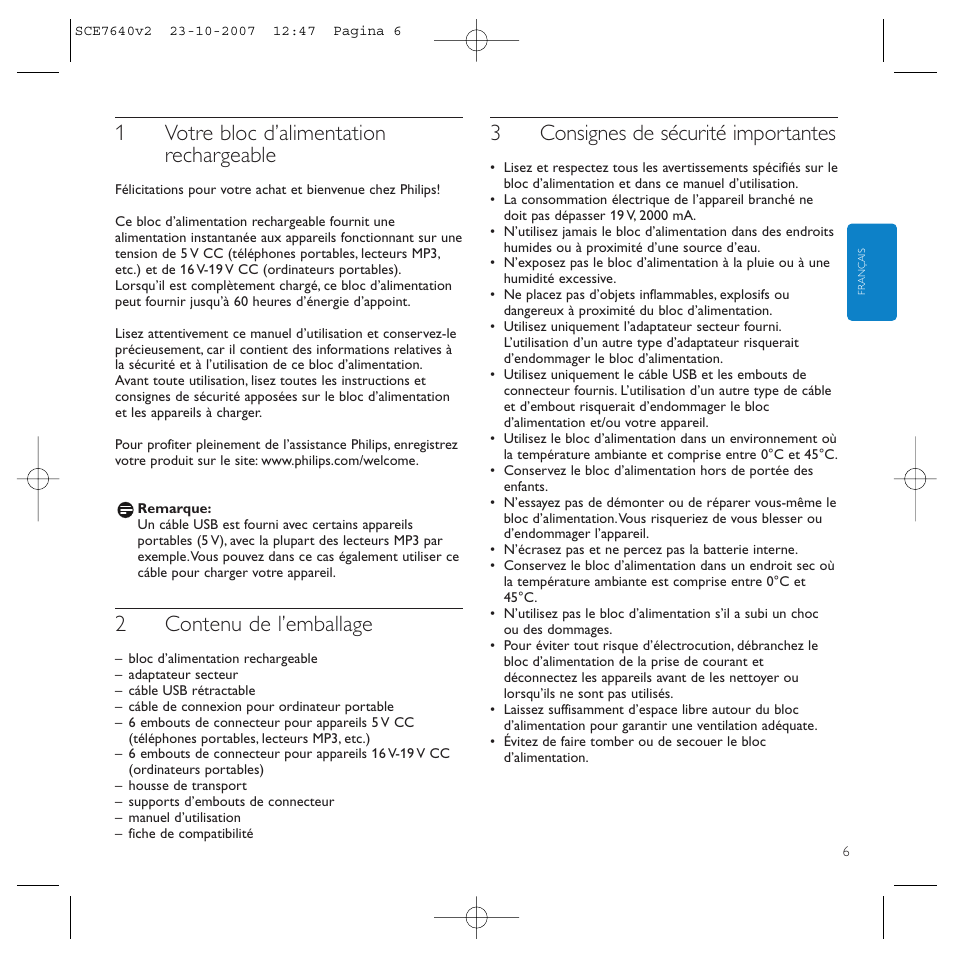 1votre bloc d’alimentation rechargeable, 2contenu de l’emballage, 3consignes de sécurité importantes | Philips SCE7640 User Manual | Page 6 / 61