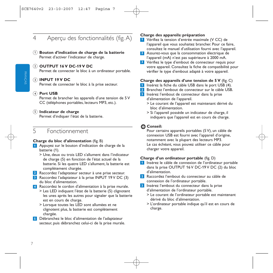 4aperçu des fonctionnalités (fig. a), 5fonctionnement | Philips SCE7640 User Manual | Page 7 / 61