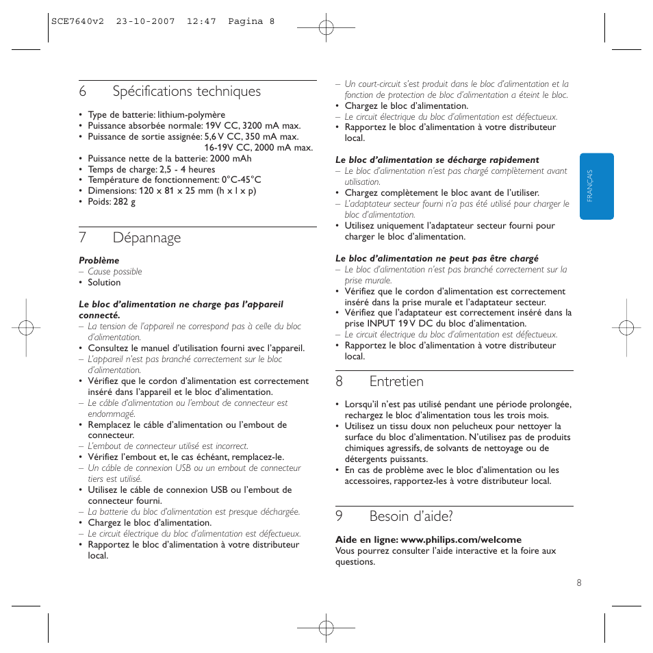 6spécifications techniques, 7dépannage, 8entretien | 9besoin d’aide | Philips SCE7640 User Manual | Page 8 / 61
