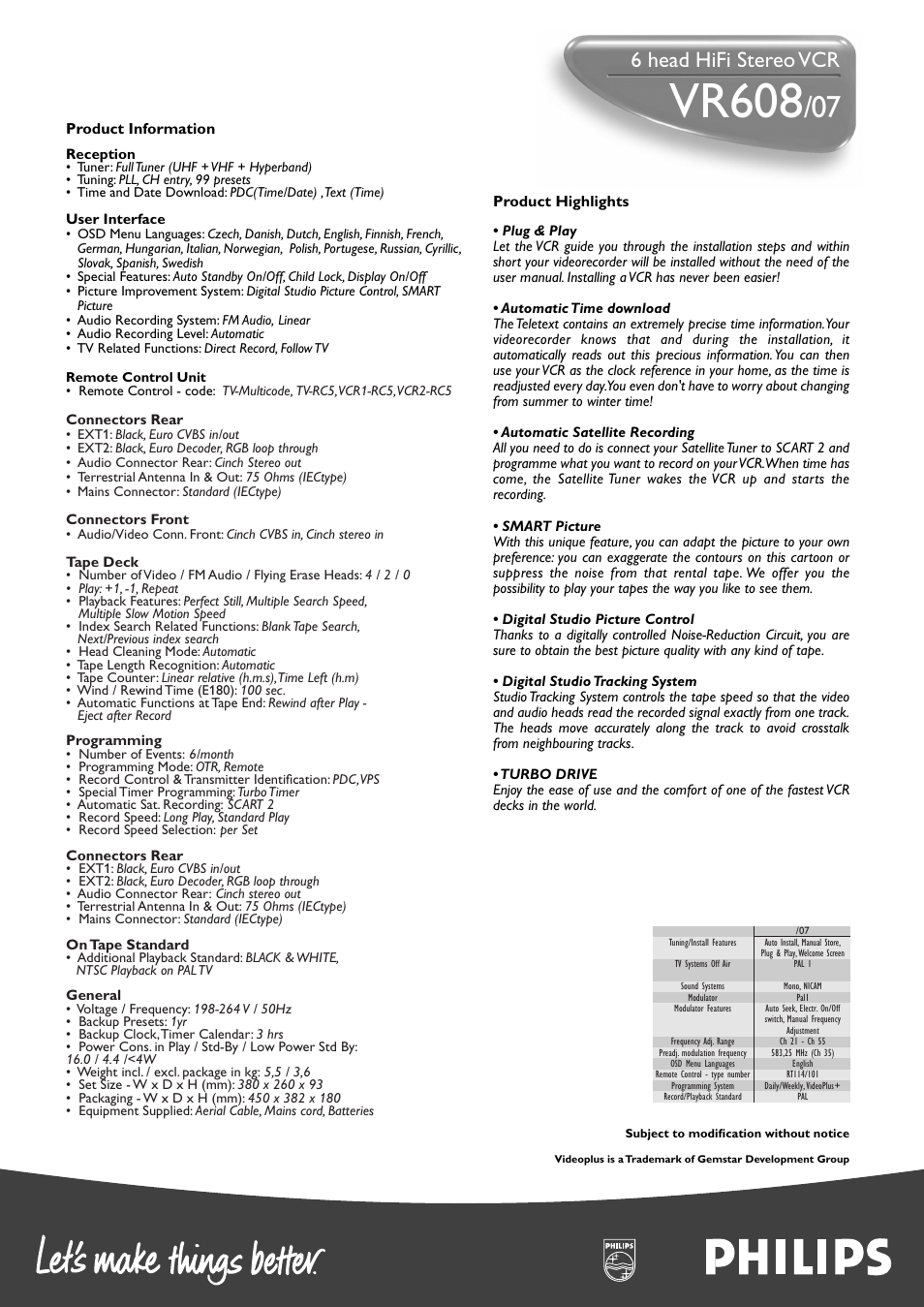 Vr608, 6 head hifi stereo vcr | Philips VR607 User Manual | Page 2 / 2