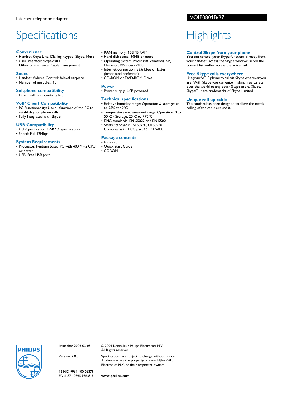 Specifications, Highlights | Philips VOIP080IB User Manual | Page 2 / 2