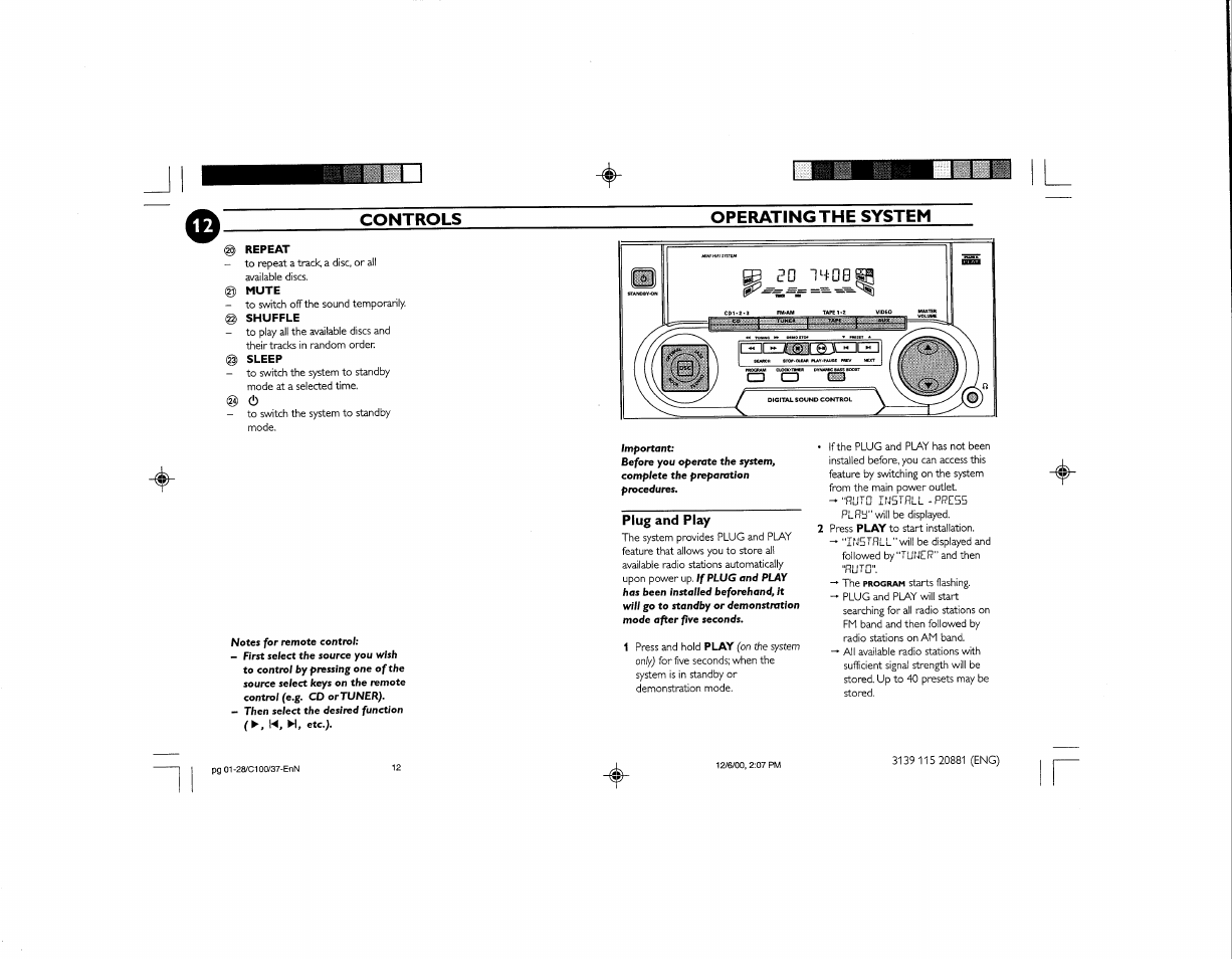 Controls, Operating the system, Plug and play | Philips FW-C100 User Manual | Page 18 / 34