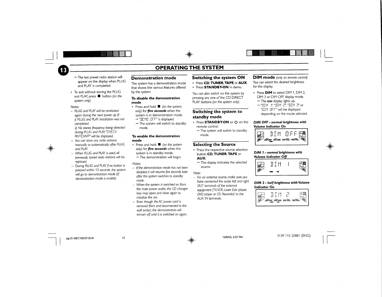 Operating the system, Demonstration mode, Switching the system on | Switching the system to standby mode, Selecting the source, И3ik '' a | Philips FW-C100 User Manual | Page 19 / 34