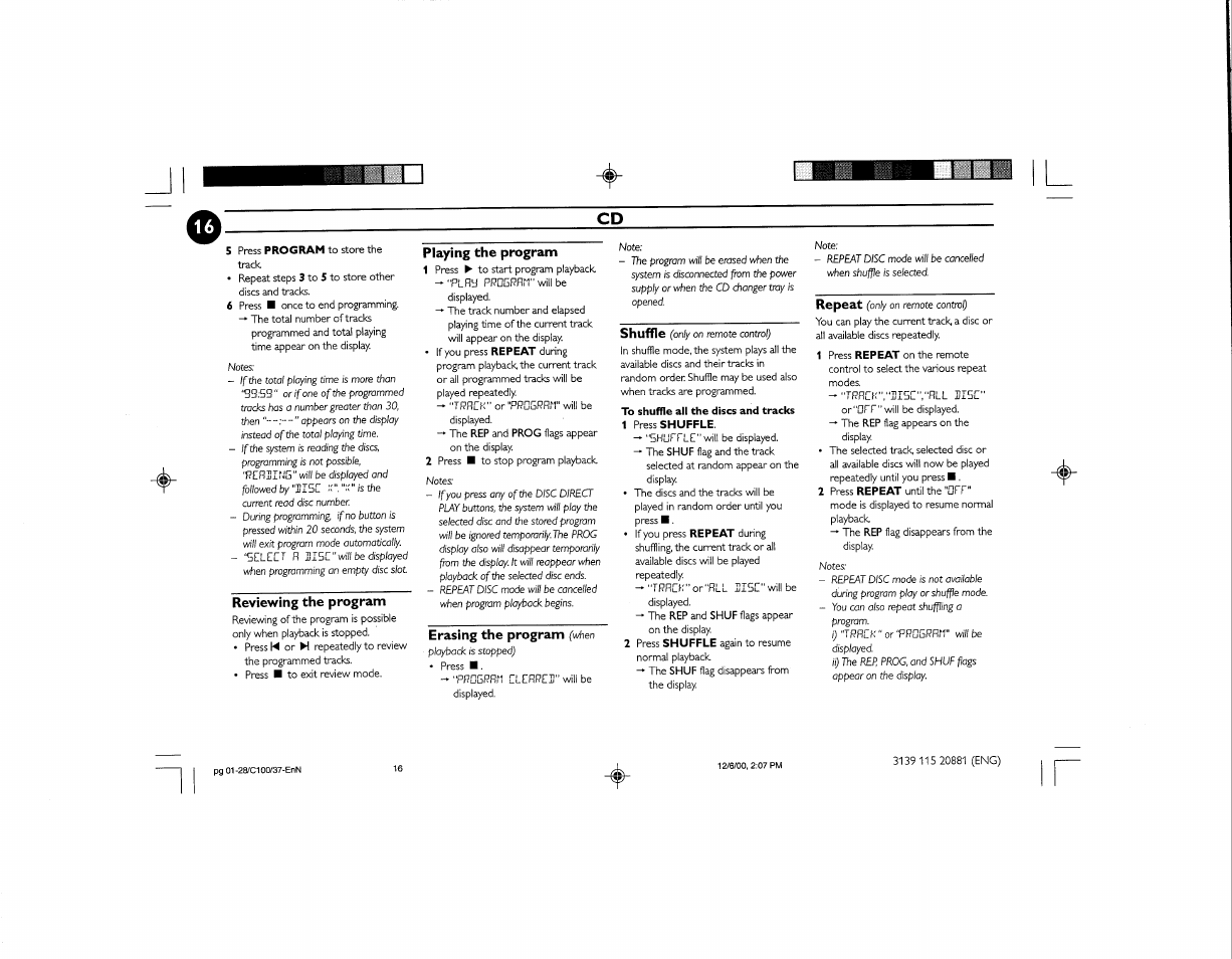 Reviewing the program, Playing the program, Erasing the program (when | Philips FW-C100 User Manual | Page 22 / 34