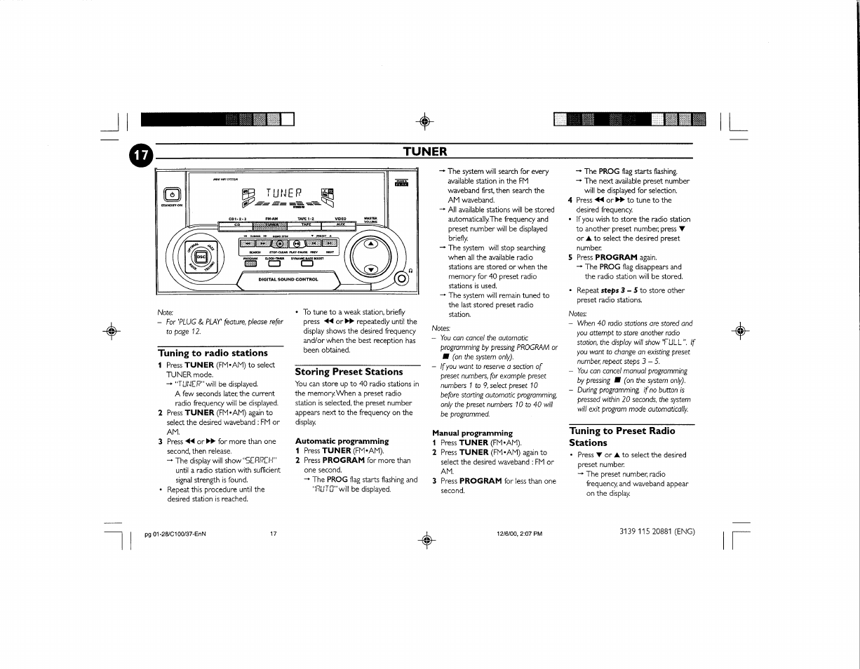 Tuner, Tuning to radio stations, Storing preset stations | Tuning to preset radio stations | Philips FW-C100 User Manual | Page 23 / 34