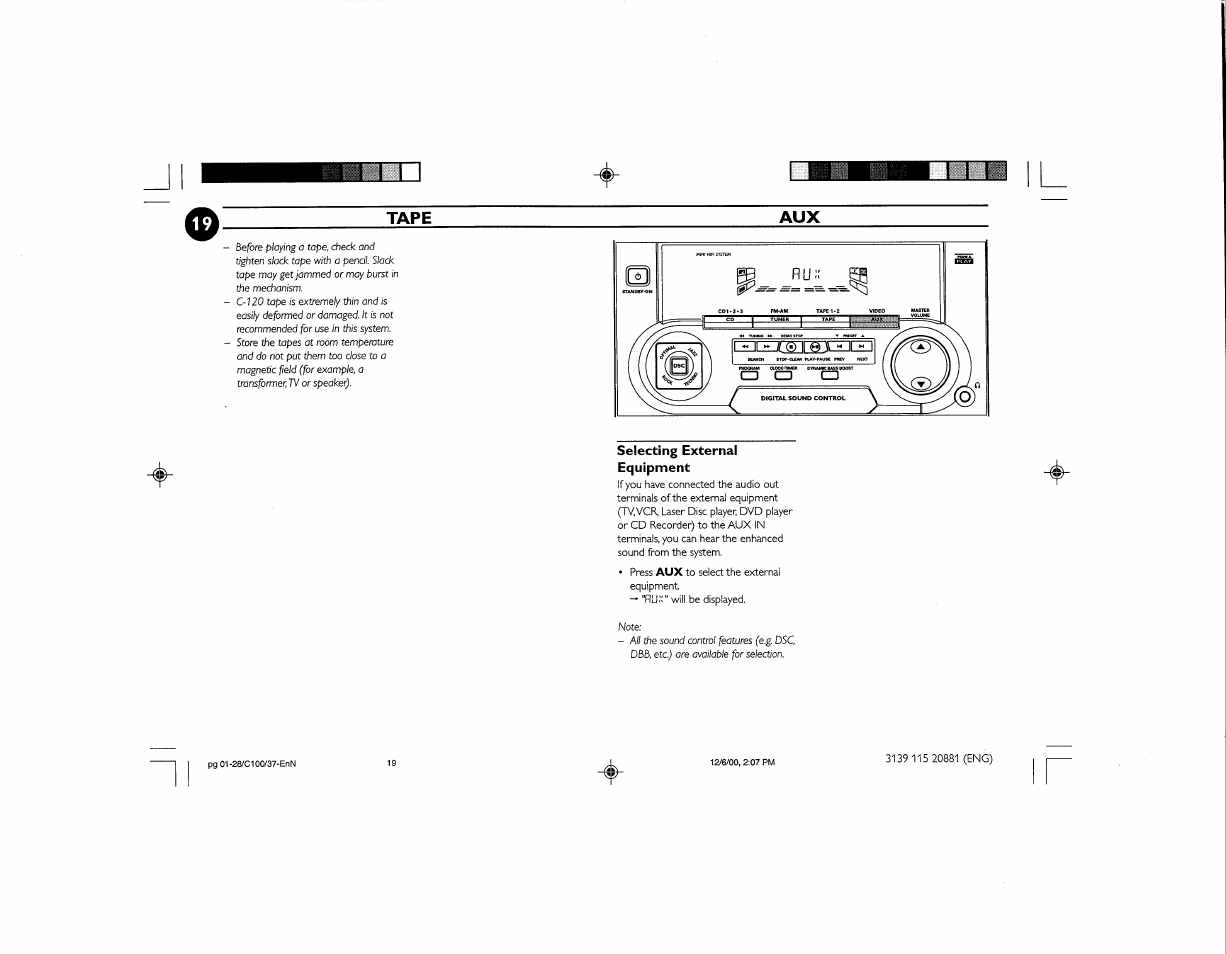 Tape, Selecting external equipment, Tape aux | Philips FW-C100 User Manual | Page 25 / 34