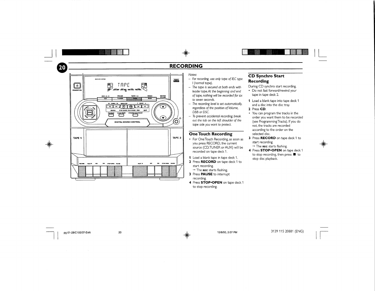 Recording, One touch recording, Cd synchro start recording | Philips FW-C100 User Manual | Page 26 / 34