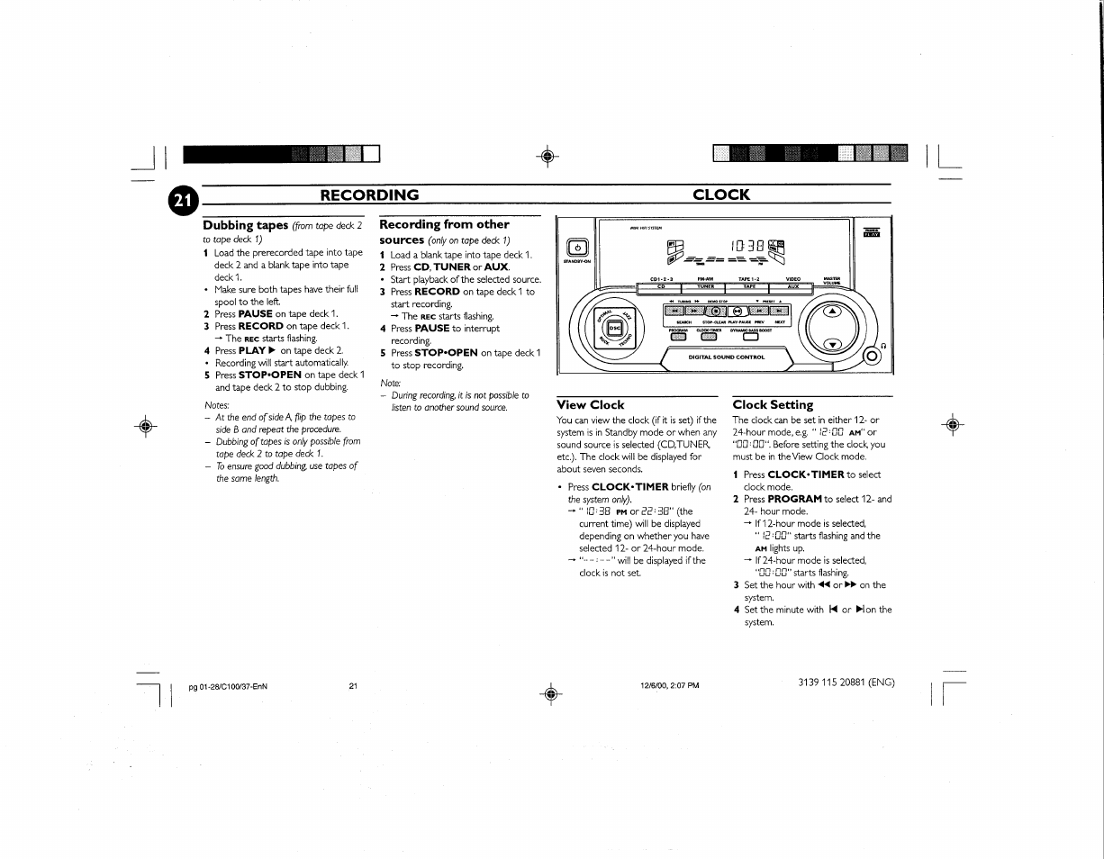 Recording, Clock, Recording from other | View ciock, Clock setting, Recording clock | Philips FW-C100 User Manual | Page 27 / 34