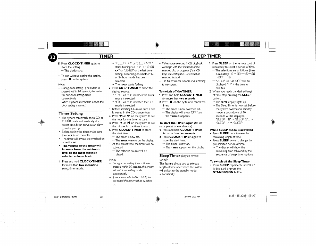 Sleep timer, Timer setting, Timer sleep timer | Philips FW-C100 User Manual | Page 28 / 34