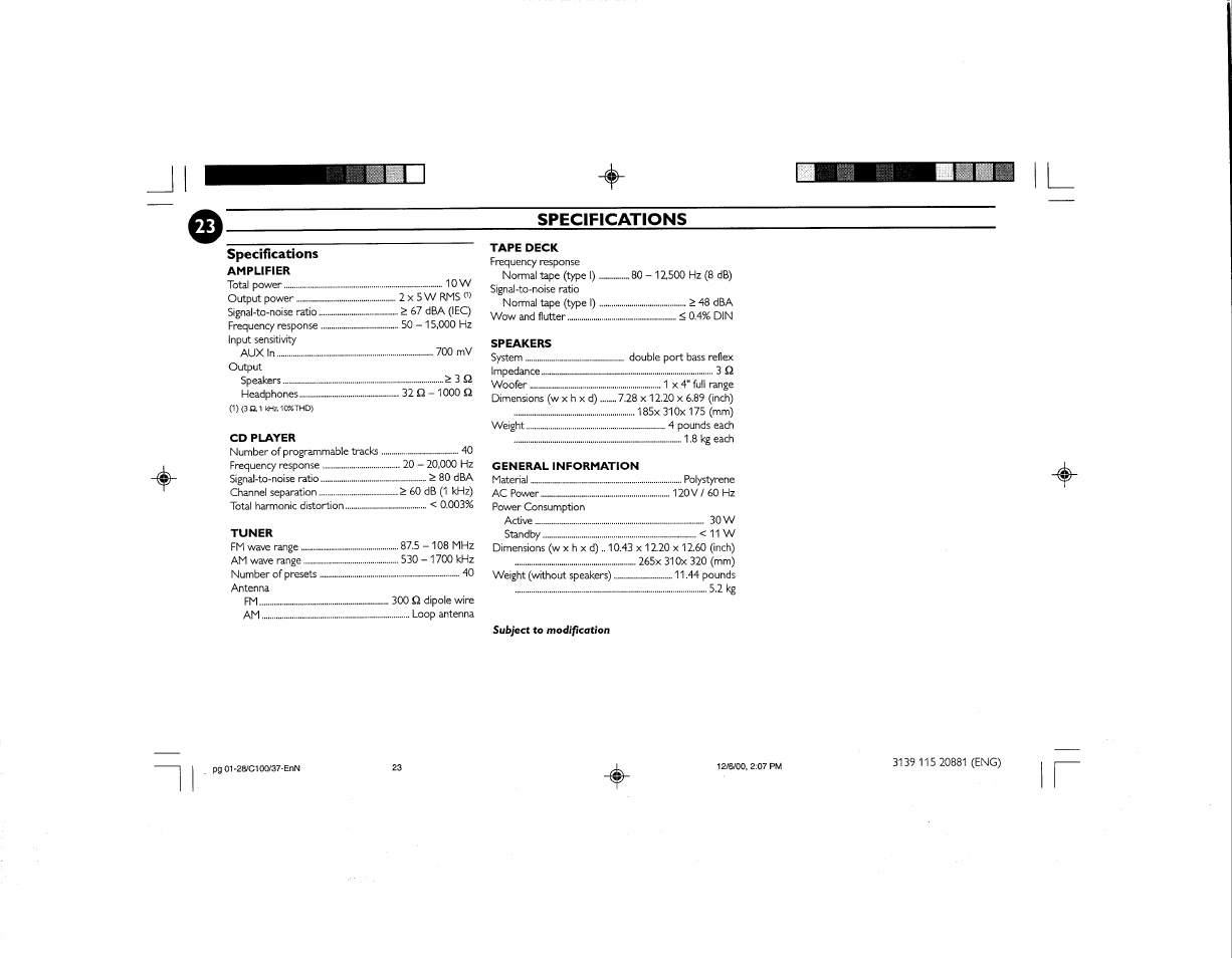 Specifications | Philips FW-C100 User Manual | Page 29 / 34