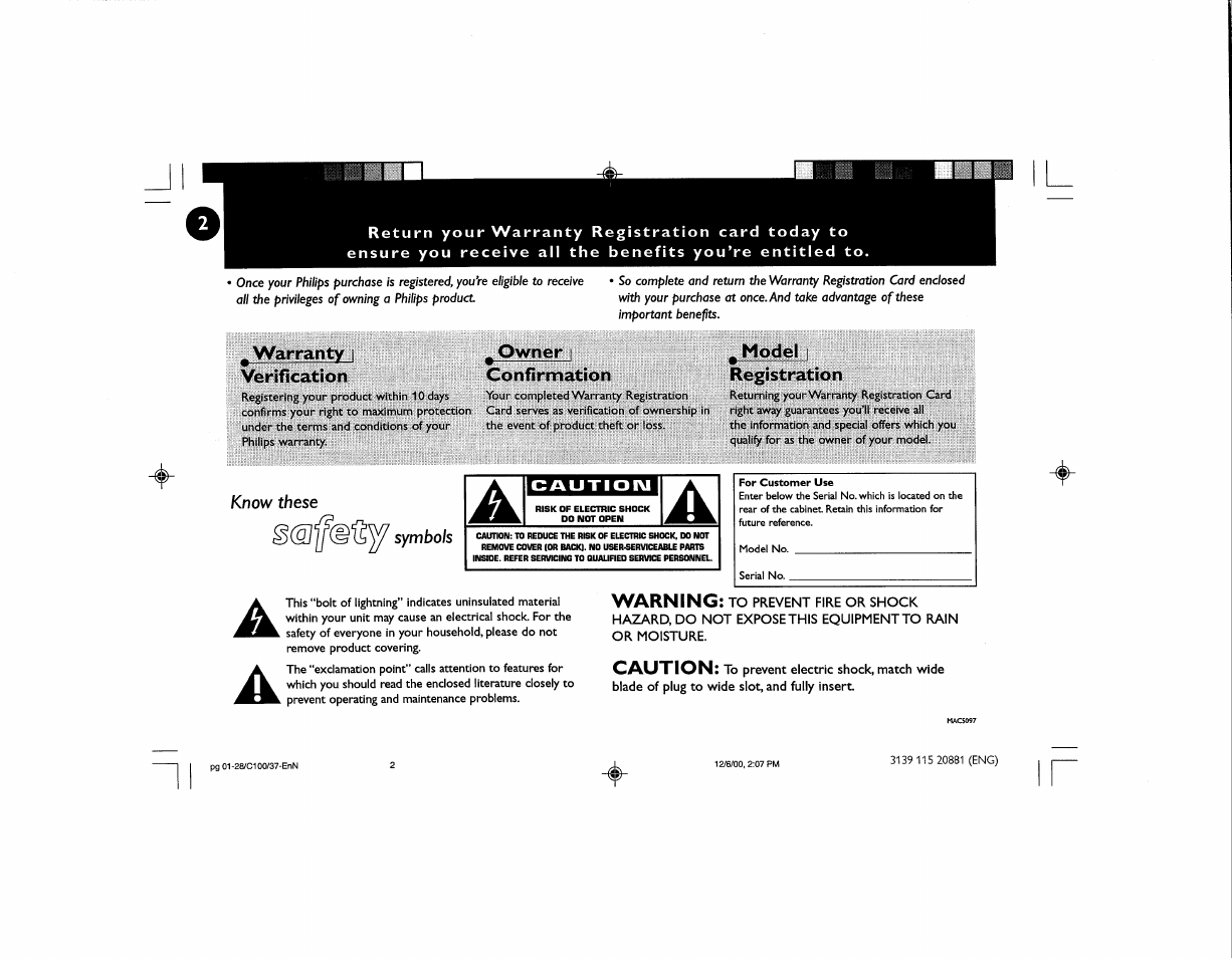 Warranty i verification, Owner i confirmation, Model i registration | Philips FW-C100 User Manual | Page 3 / 34