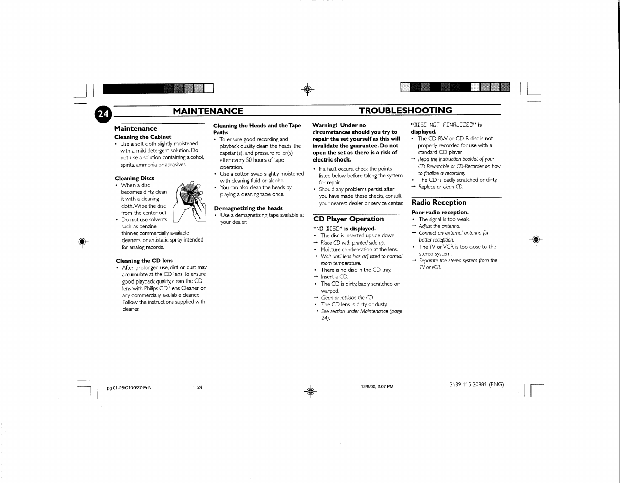 Maintenance, Troubleshooting, Cd player operation | Radio reception, Maintenance troubleshooting | Philips FW-C100 User Manual | Page 30 / 34