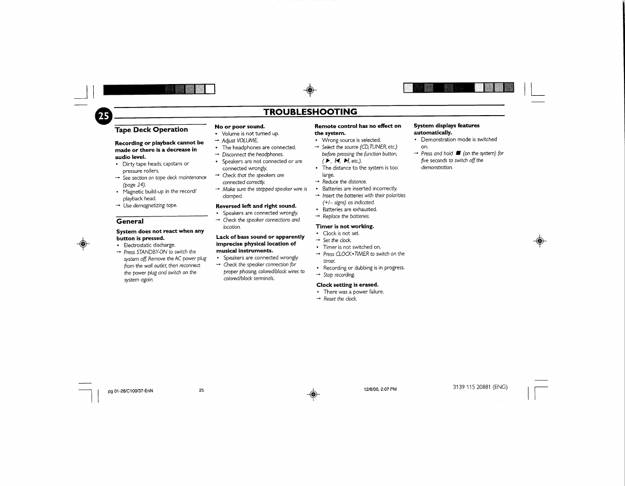 Troubleshooting, Tape deck operation, General | Otroubleshooting | Philips FW-C100 User Manual | Page 31 / 34