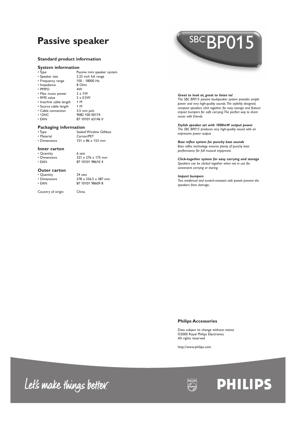 Bp015, Passive speaker | Philips SBC BP015 User Manual | Page 2 / 2