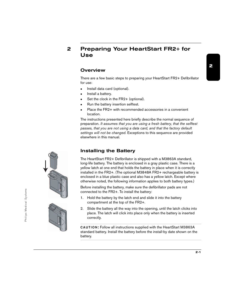 2preparing your heartstart fr2+ for use, Overview, Installing the battery | Philips M3860A User Manual | Page 15 / 102
