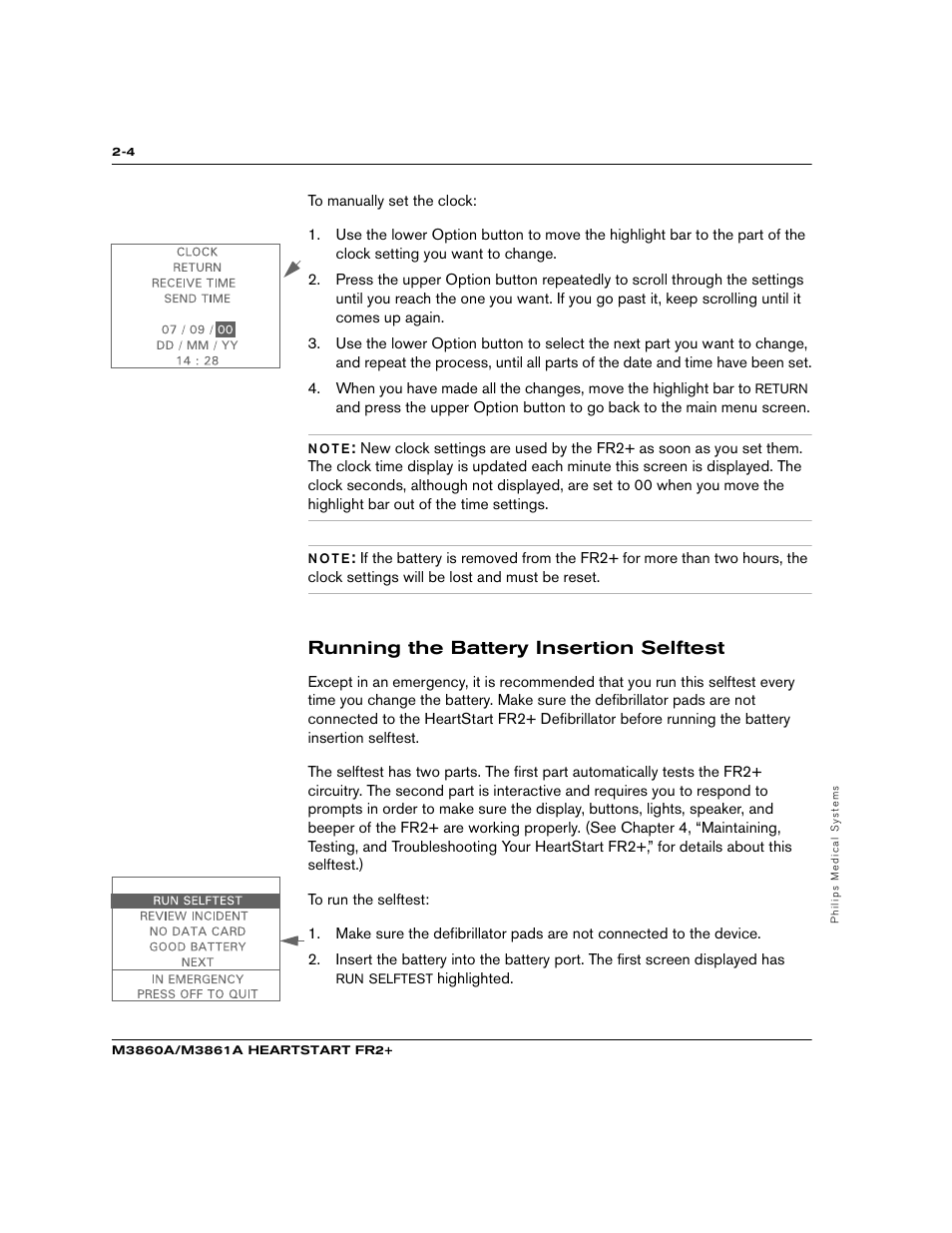 Running the battery insertion selftest | Philips M3860A User Manual | Page 18 / 102