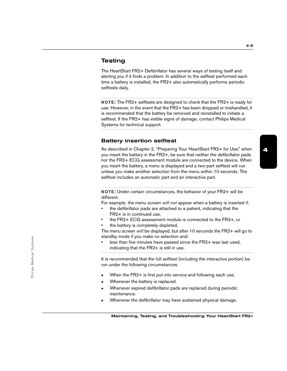 4testing, Battery insertion selftest | Philips M3860A User Manual | Page 31 / 102