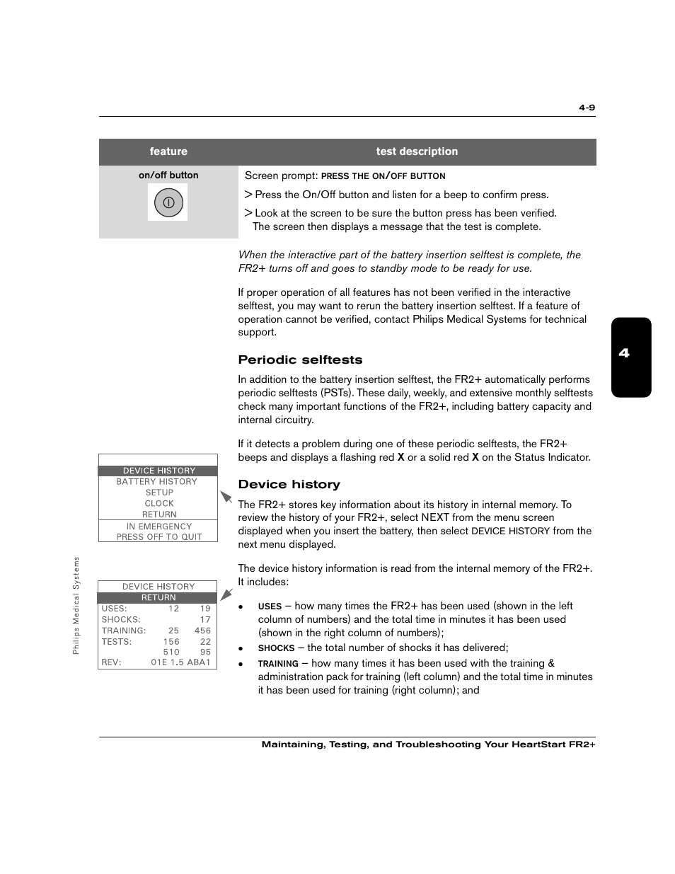 Periodic selftests, Device history | Philips M3860A User Manual | Page 35 / 102