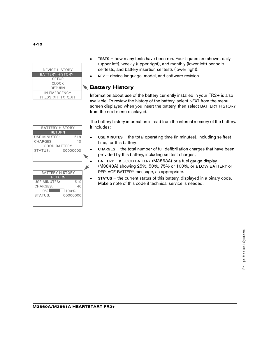 Battery history | Philips M3860A User Manual | Page 36 / 102
