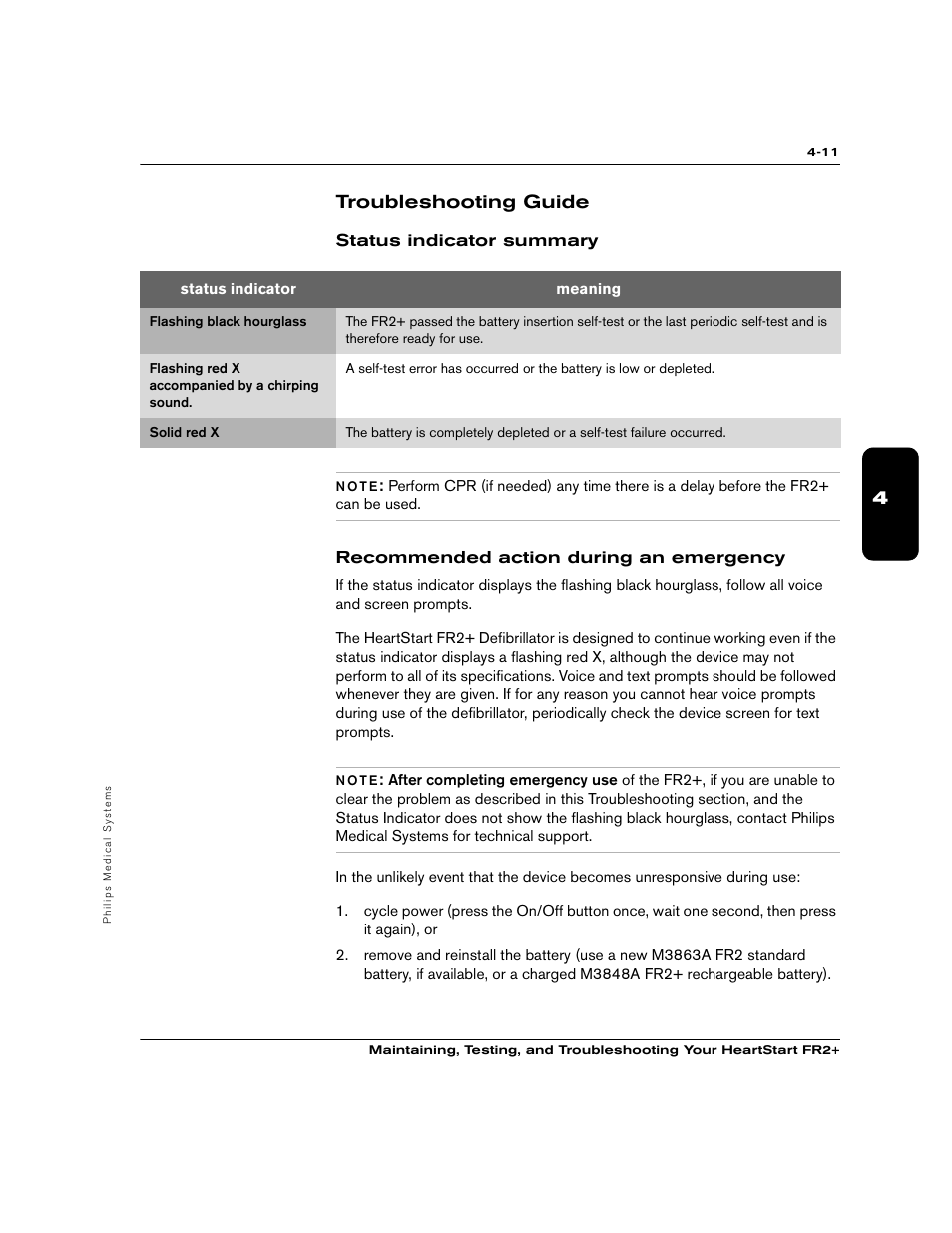 4troubleshooting guide, Status indicator summary, Recommended action during an emergency | Philips M3860A User Manual | Page 37 / 102